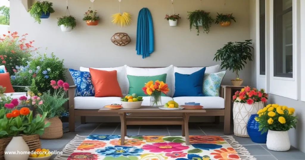 a couch with colorful pillows and a table with fruit on it