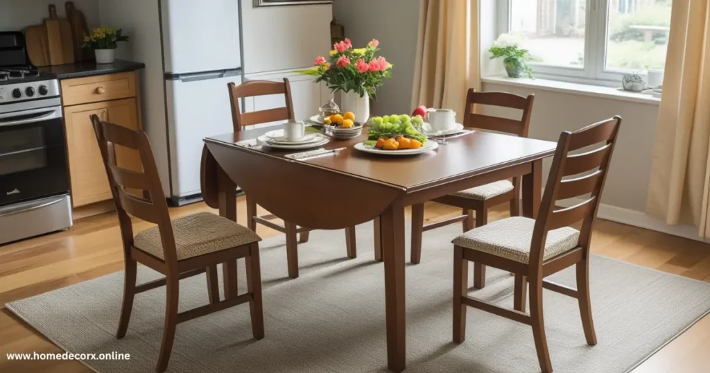a table with plates of fruit and flowers on it