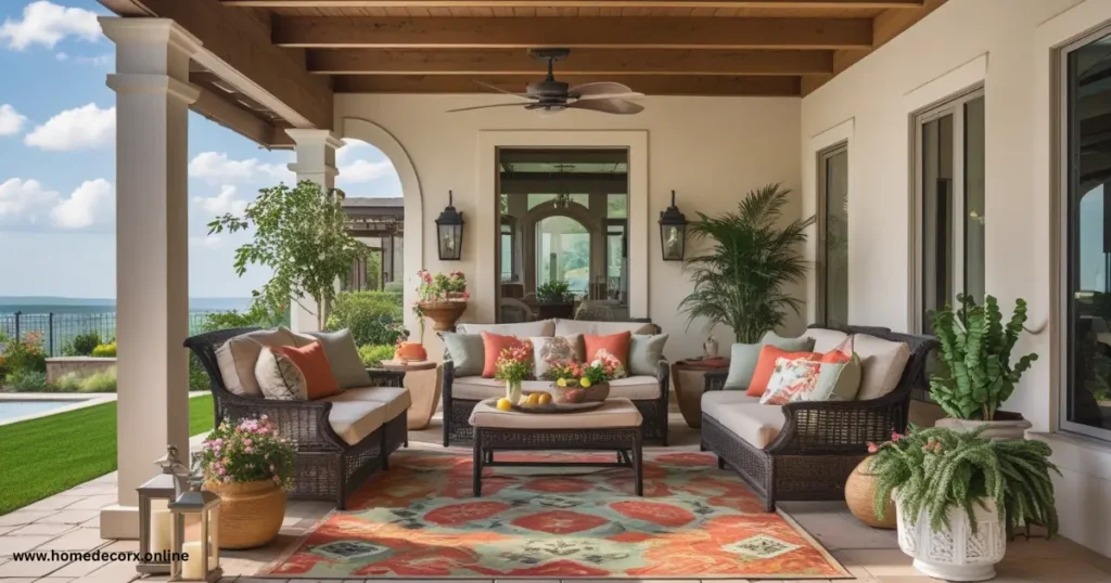 a patio with furniture and plants