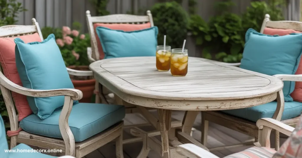 A dining table surrounded by four chairs, with a refreshing glass of iced tea placed on the surface.