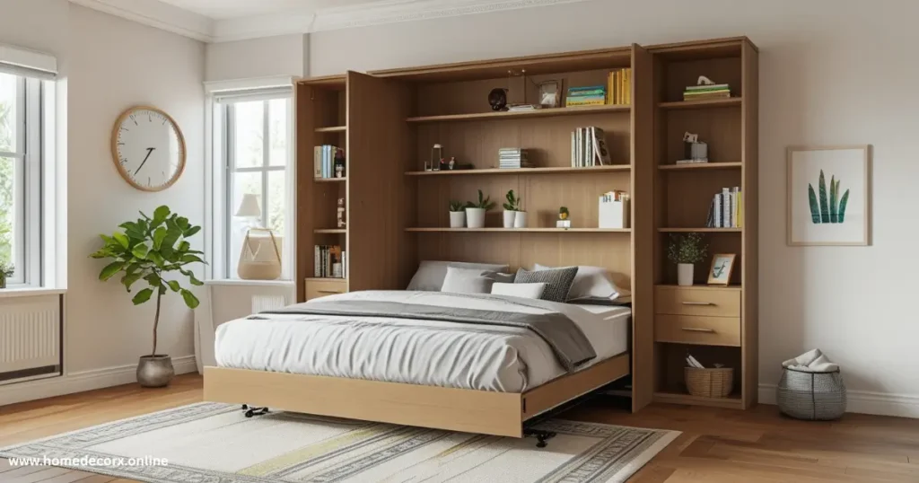 a bed with a bookcase